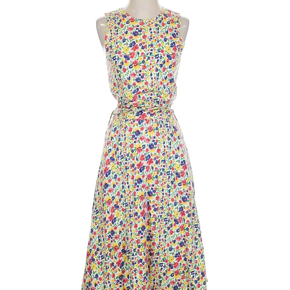 Vintage 90s Cambridge Spirit Sz S Multicolor Sleeveless Floral Belted Midi Dress
